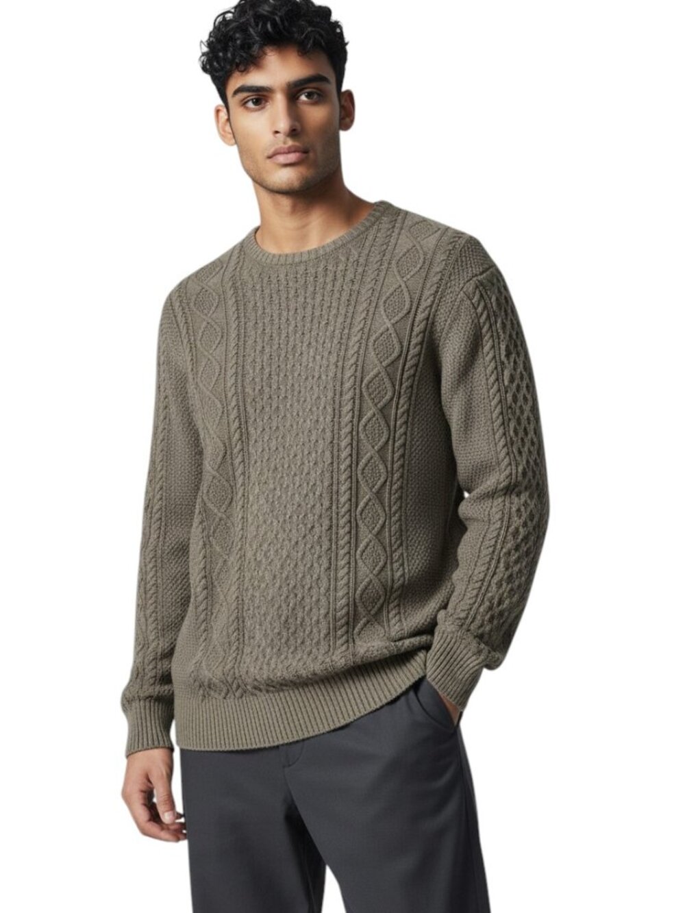 Buffalo David Bitton Taupe Cable Knit Sweater Mens XL Pullover Fisherman Cabin